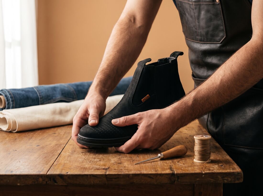 Mãos de artesão conferindo a costura de uma bota